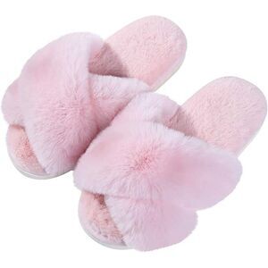 Women's Fuzzy Slippers Cross Band Pink Memory Foam House Slippers Open Toe